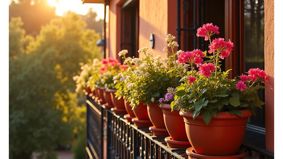 Un balcón sevillano soleado con macetas de buganvillas en flor, geranios y pequeños olivos, con la arquitectura tradicional de fondo.
