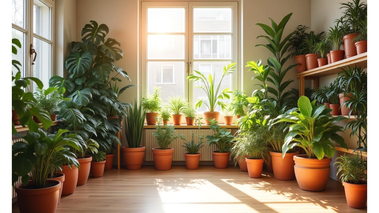 Colección vibrante de plantas en maceta en un luminoso estudio, con el sol andaluz filtrándose por la ventana.
