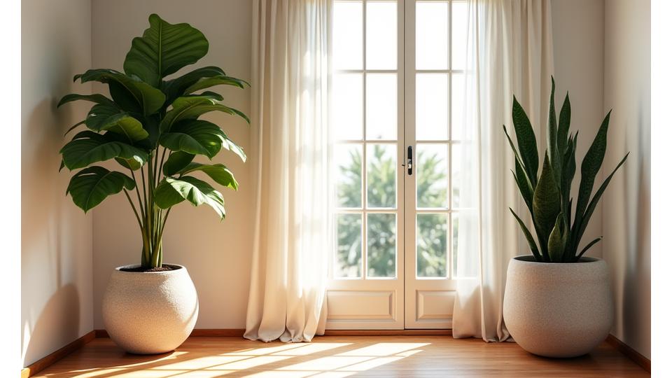 Un rincón acogedor de un hogar decorado con varias plantas de interior de hojas grandes y verdes, macetas de cerámica blanca y luz indirecta.