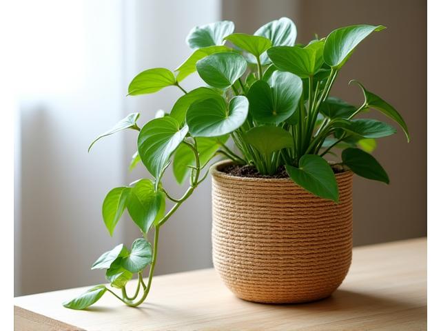 Una maceta tejida con fibras naturales de tonos tierra, conteniendo una planta de interior de hojas colgantes, sobre una superficie de madera clara.