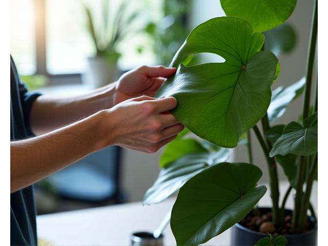 Manos de un experto jardinero revisando y cuidando una gran planta de interior con herramientas profesionales, en un entorno de oficina.