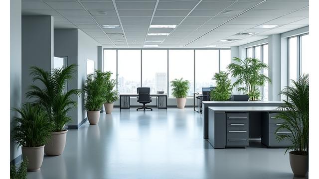 Imagen 'antes': una oficina moderna pero estéril y minimalista, sin plantas.
