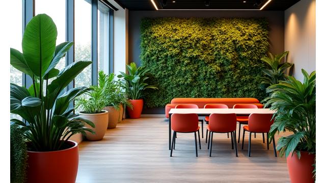 Imagen 'después': la misma oficina transformada con grandes plantas en maceta, un muro verde y un ambiente vibrante y acogedor.