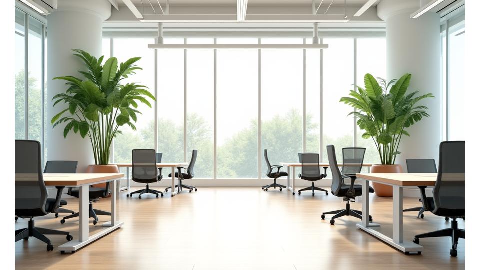Un espacio de oficina moderno y luminoso con varias plantas grandes en maceta estratégicamente colocadas, creando un ambiente fresco y productivo.