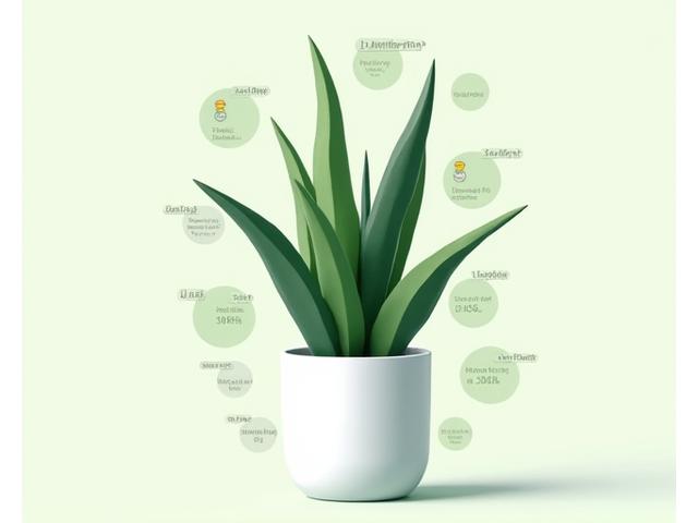Infografía artística mostrando cómo una planta de interior absorbe contaminantes del aire y libera oxígeno puro, con iconos de aire limpio.