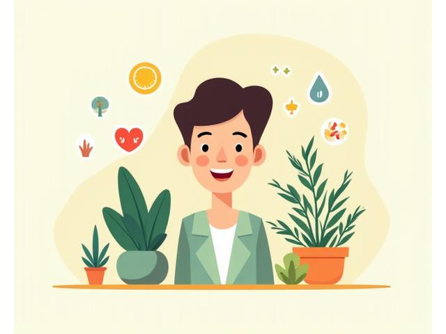 Ilustración de una persona interactuando felizmente con diversas plantas de interior, rodeada de iconos de sol, gota de agua y corazón.