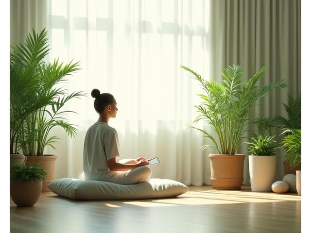 Una persona meditando tranquilamente en una luminosa habitación rodeada de plantas de interior, transmitiendo una sensación de calma y bienestar.