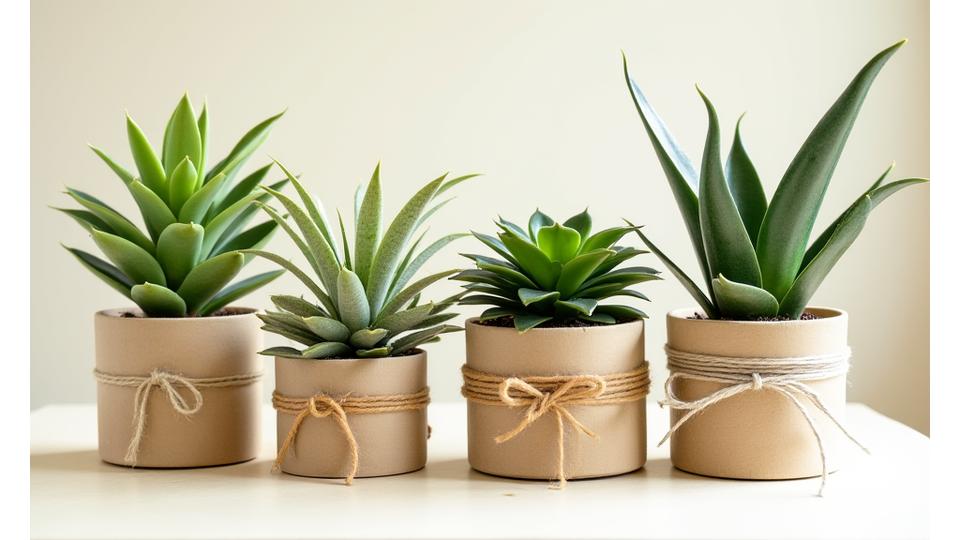 Línea de varias plantas en maceta de distintos tipos y tamaños, envueltas para regalo, preparadas para un envío de suscripción mensual.