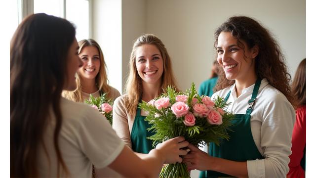 Floristas de Flor de Sevilla entregando arreglos florales en un evento benéfico local en Sevilla.