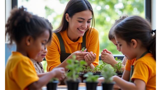 Una florista de Flor de Sevilla realizando un taller de plantas para niños en un colegio de Sevilla.