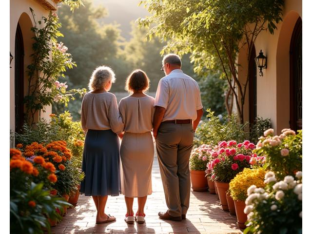 Antigua foto de la familia Romero, fundadores de Flor de Sevilla, entre plantas y flores tradicionales andaluzas.