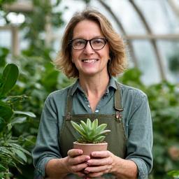 Retrato de Carmen ruiz, florista experta en plantas de interior y jardinería urbana, con una sonrisa amable.