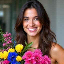 Retrato de Elena Ortiz, joven florista de Flor de Sevilla, con un ramo de flores vibrantes y frescas.