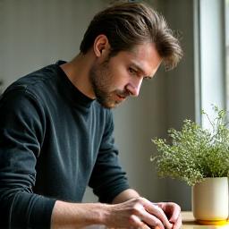 Retrato de Javier Garcíam florista especializado en diseño contemporáneo, trabajando en un taller floral.