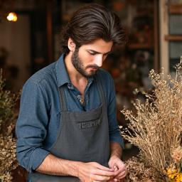 Retrato de Miguel Torres, florista de Flor de Sevilla, creando un arreglo con flores rústicas y secas.