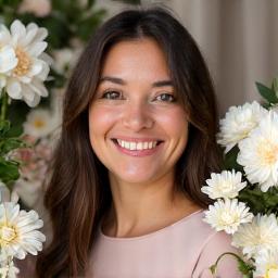 Retrato profesional de Sofía Rodríguez, florista principal de Flor de Sevilla, sonriendo entre flores vibrantes.