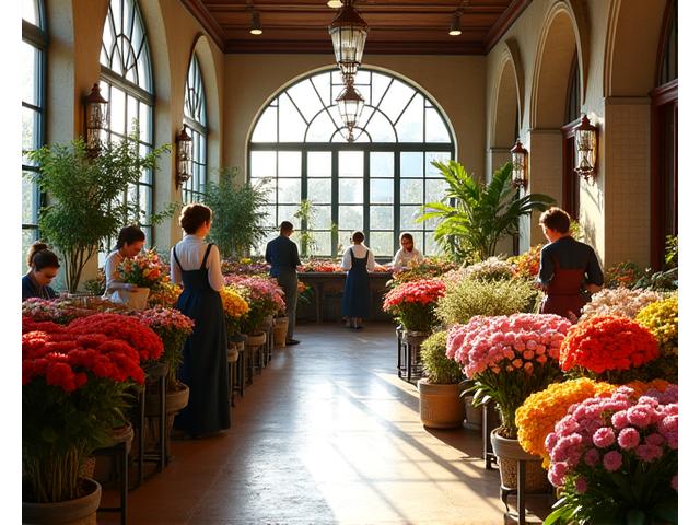 Interior del taller de Flor de Sevilla en Calle San Fernando, con floristas trabajando y flores frescas expuestas.
